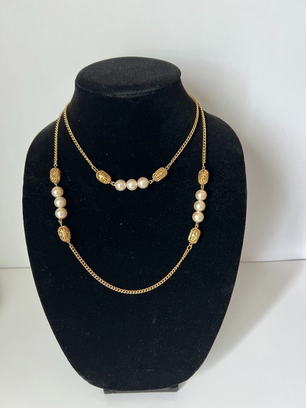 Gold Faux Pearl Long Necklace Station Chain Filigree Classic Elegant